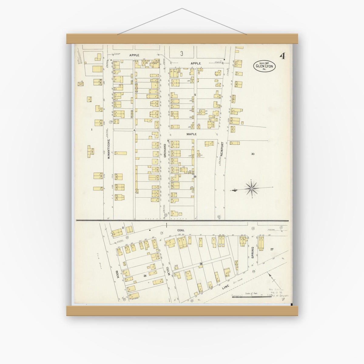 Old map wall art mockup — magnetic wood frame on white wall — Sanborn Fire Insurance Map from Glen Lyon, Luzerne County, Pennsylvania (1907), Sheet #0004