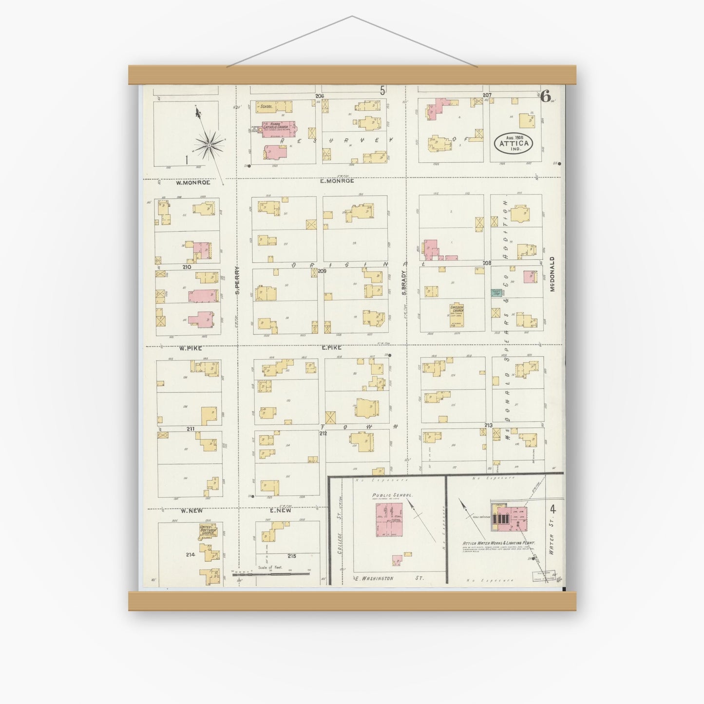Old map wall art mockup — magnetic wood frame on white wall — Sanborn Fire Insurance Map from Attica, Fountain County, Indiana (1905), Sheet #0006