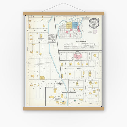 Old map wall art mockup — magnetic wood frame on white wall — Sanborn Fire Insurance Map from Pine City, Pine County, Minnesota (1904) - Complete Map Set