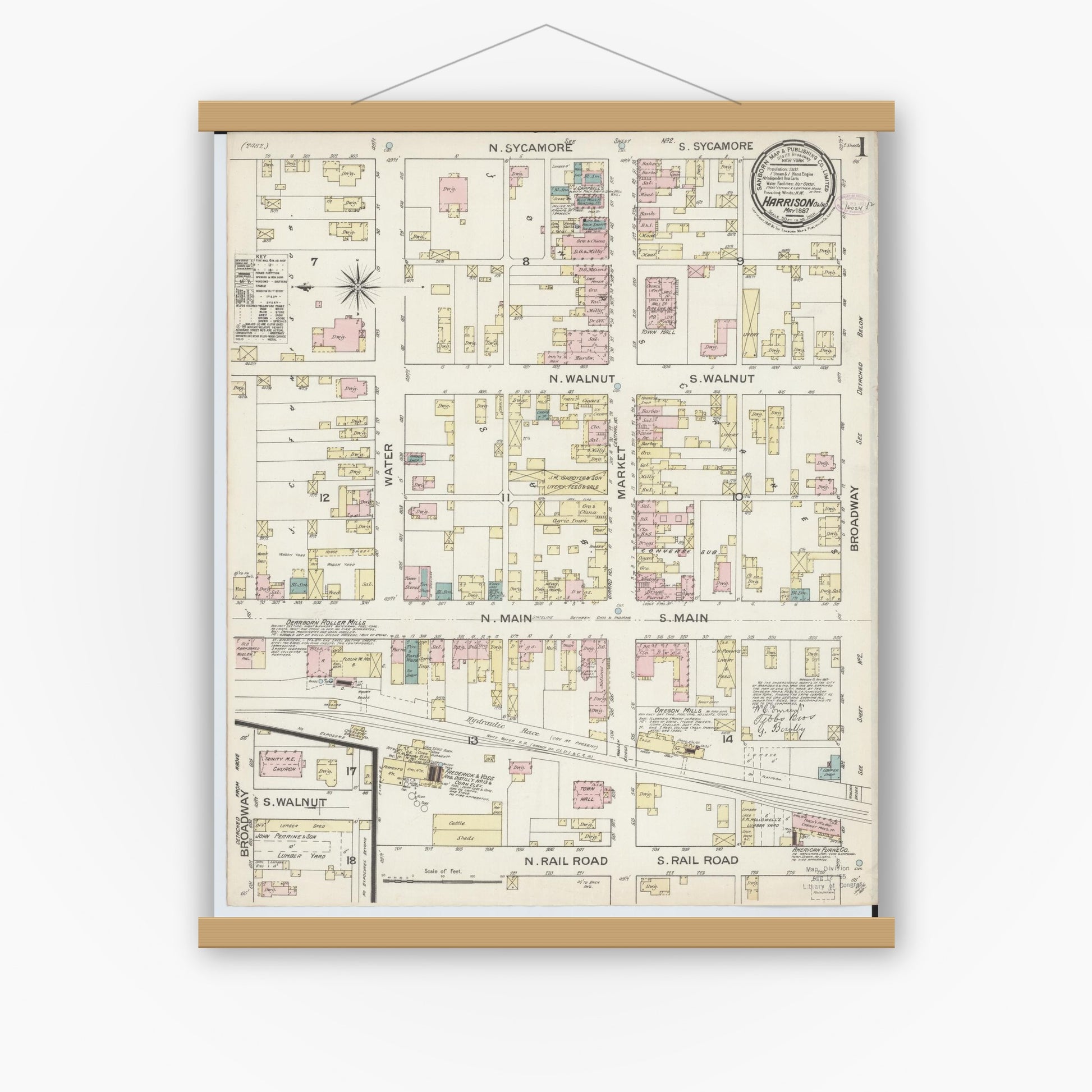 Old map wall art mockup — magnetic wood frame on white wall — Sanborn Fire Insurance Map from Harrison, Hamilton County, Ohio (1887) - Complete Map Set
