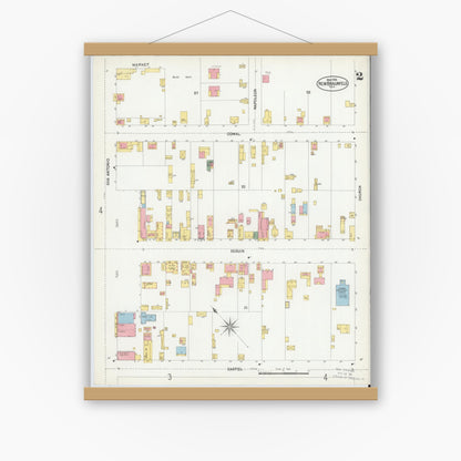 Old map wall art mockup — magnetic wood frame on white wall — Sanborn Fire Insurance Map from New Braunfels, Comal County, Texas (1902), Sheet #0002