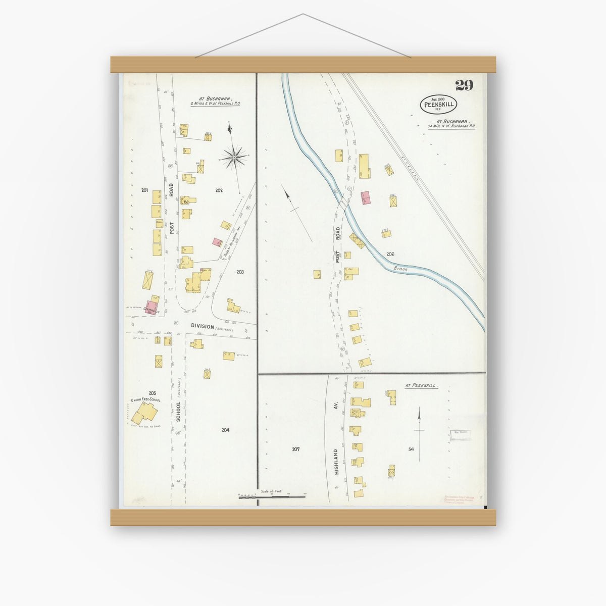 Old map wall art mockup — magnetic wood frame on white wall — Sanborn Fire Insurance Map from Peekskill, Westchester County, New York (1900), Sheet #0029