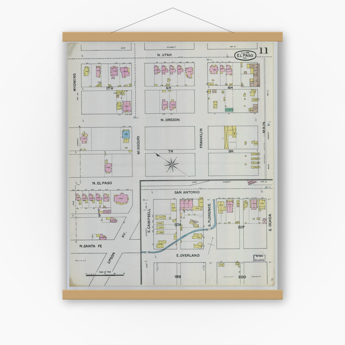 Old map wall art mockup — magnetic wood frame on white wall — Sanborn Fire Insurance Map from El Paso, El Paso County, Texas (1888), Sheet #0011