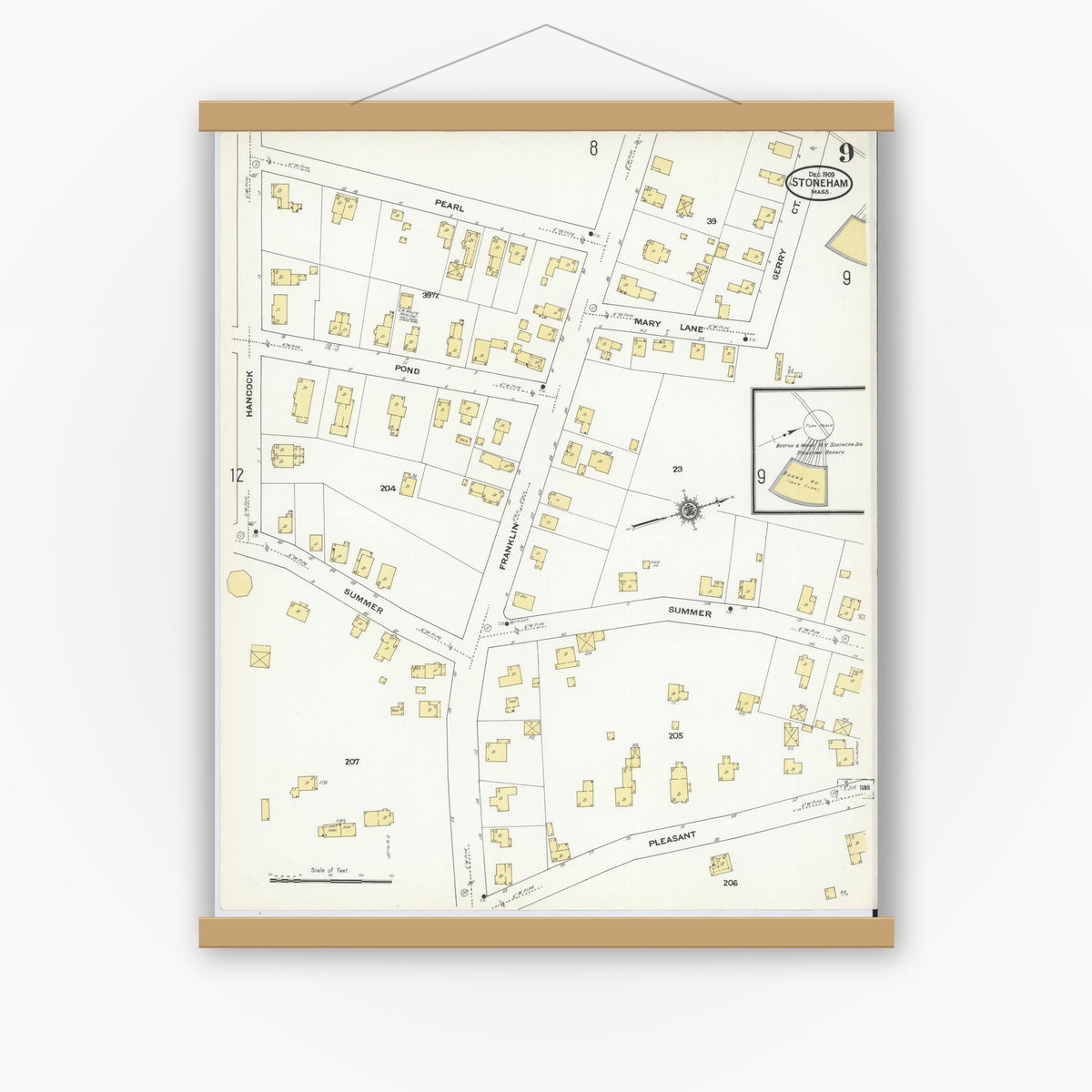 Old map wall art mockup — magnetic wood frame on white wall — Sanborn Fire Insurance Map from Stoneham, Middlesex County, Massachusetts (1909), Sheet #0009