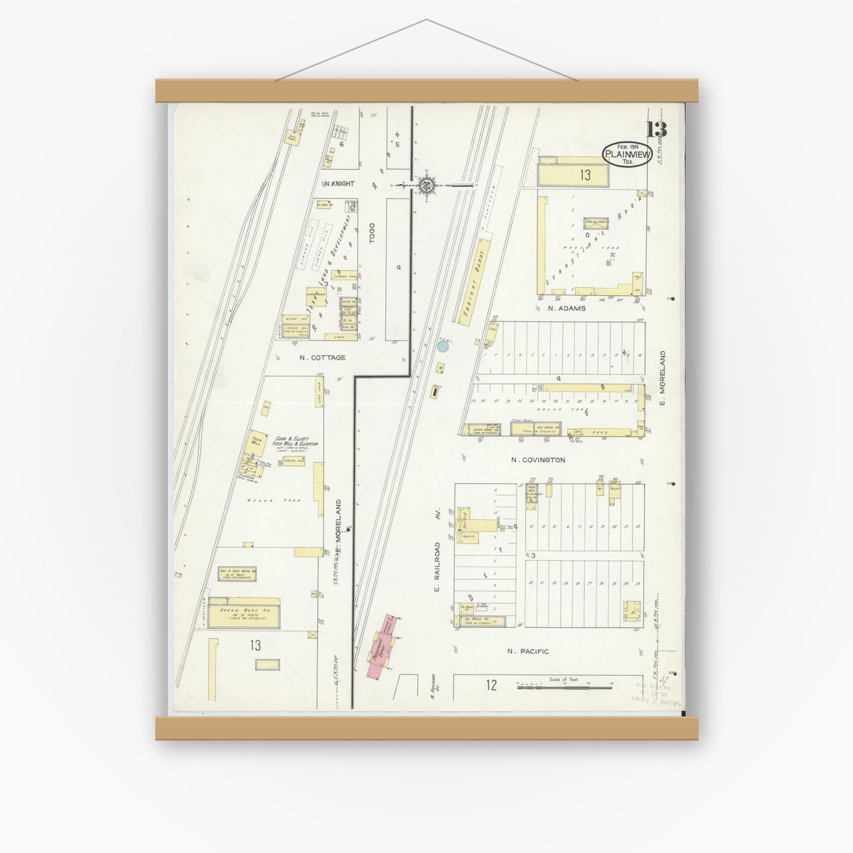 Old map wall art mockup — magnetic wood frame on white wall — Sanborn Fire Insurance Map from Plainview, Hale County, Texas (1914), Sheet #0013