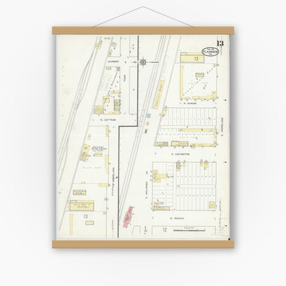 Old map wall art mockup — magnetic wood frame on white wall — Sanborn Fire Insurance Map from Plainview, Hale County, Texas (1914), Sheet #0013