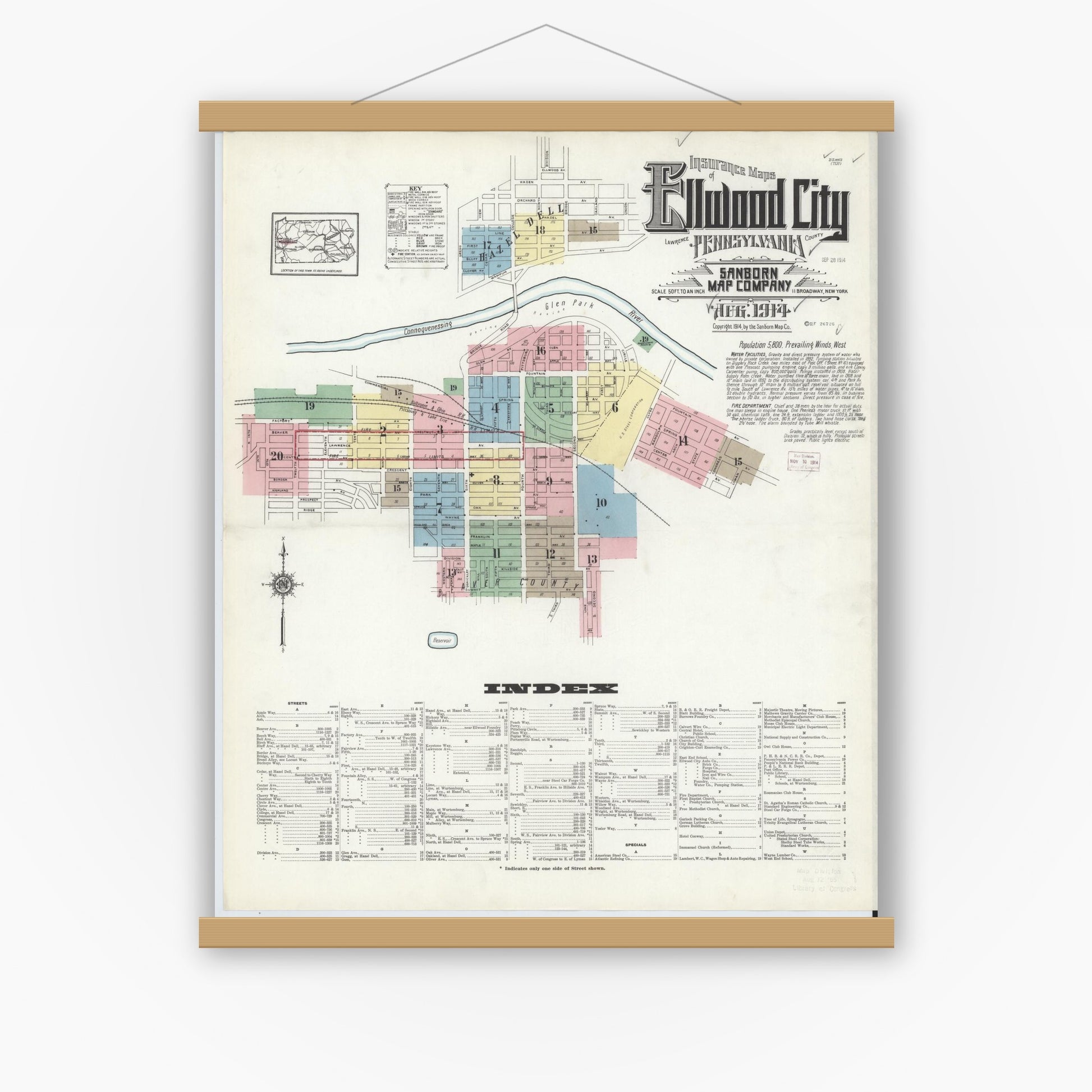 Old map wall art mockup — magnetic wood frame on white wall — Sanborn Fire Insurance Map from Ellwood City, Lawrence County, Pennsylvania (1914), Sheet #0001