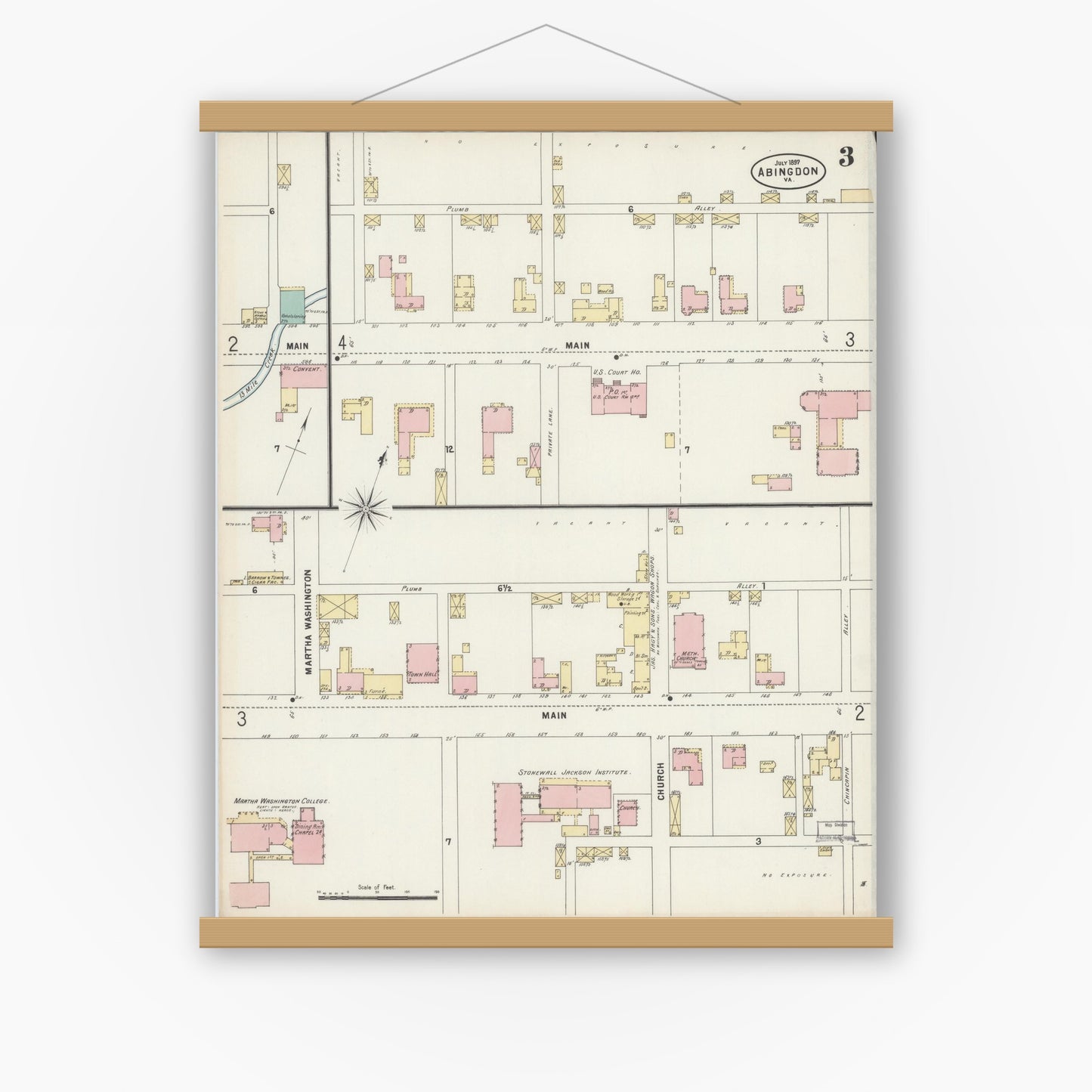 Old map wall art mockup — magnetic wood frame on white wall — Sanborn Fire Insurance Map from Abingdon, Washington County, Virginia (1897), Sheet #0003