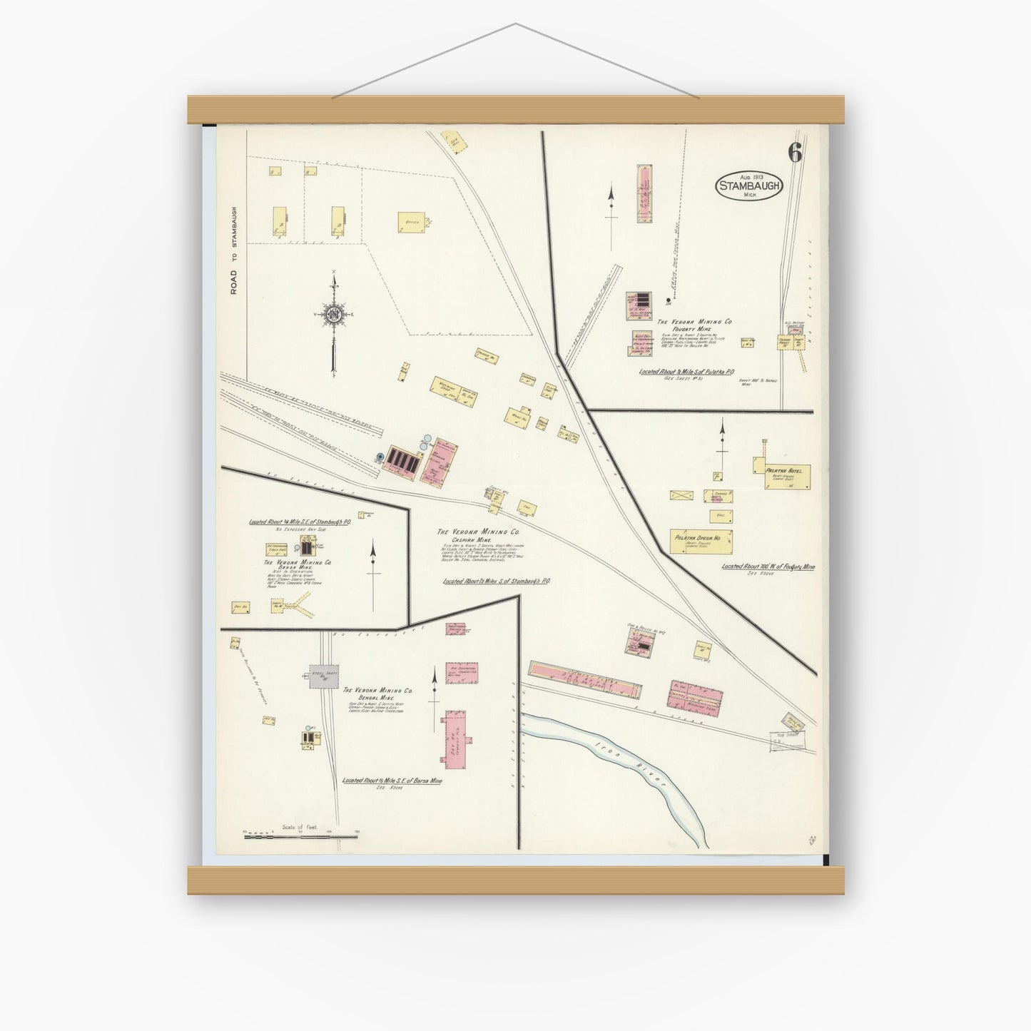 Old map wall art mockup — magnetic wood frame on white wall — Sanborn Fire Insurance Map from Stambaugh, Iron County, Michigan (1913), Sheet #0006