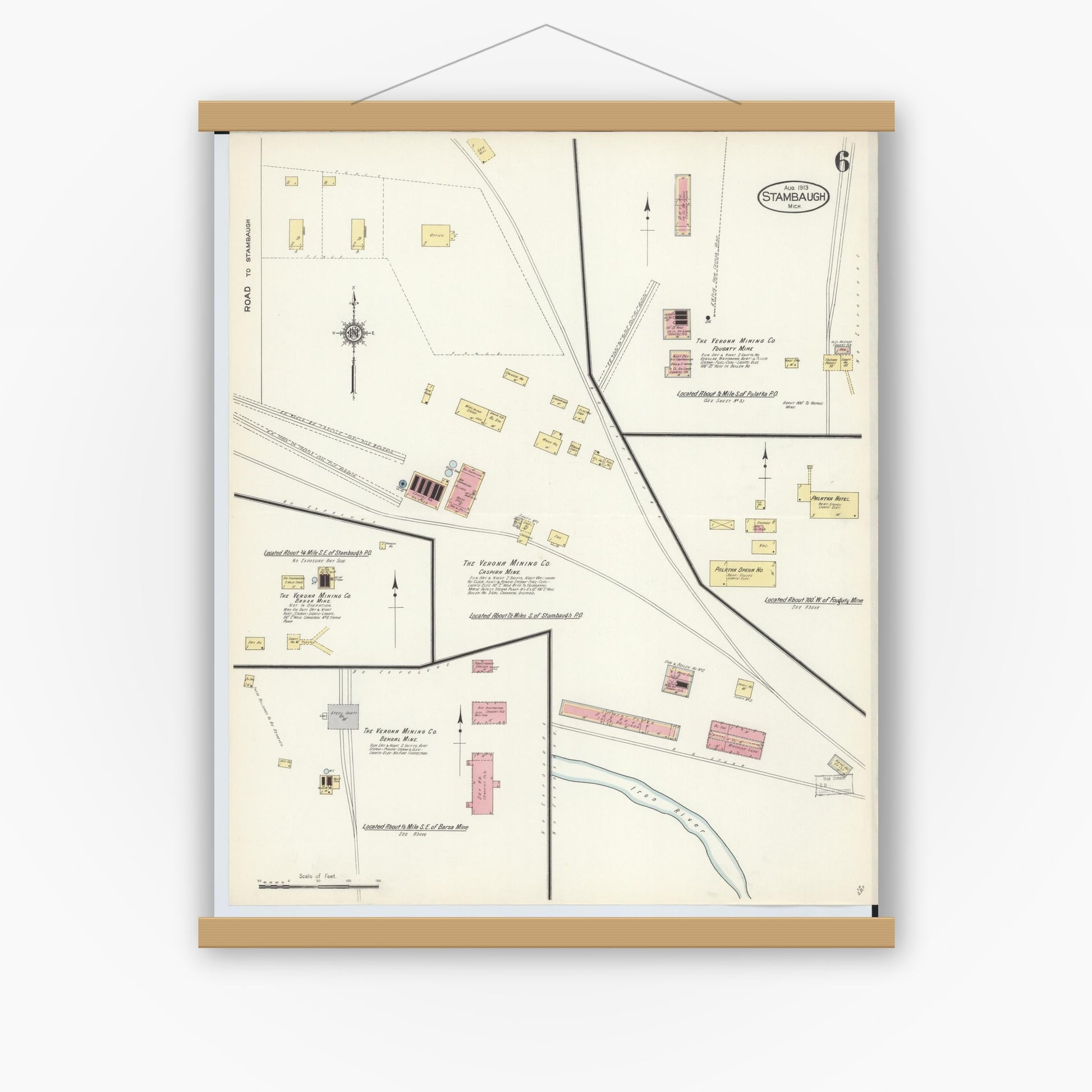 Old map wall art mockup — magnetic wood frame on white wall — Sanborn Fire Insurance Map from Stambaugh, Iron County, Michigan (1913), Sheet #0006