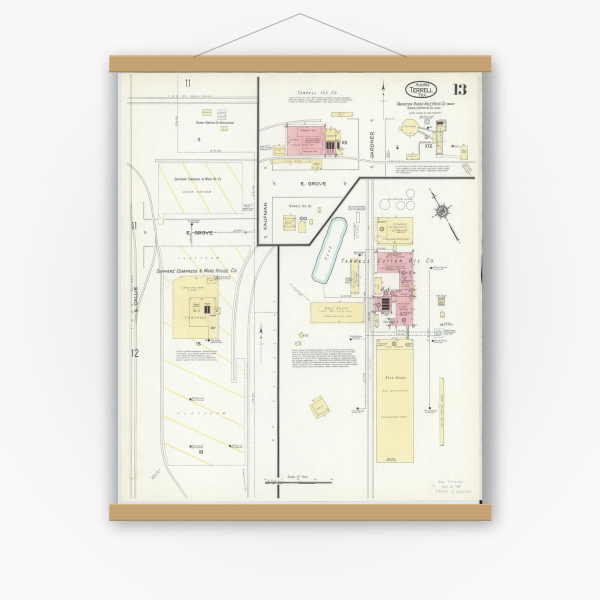 Old map wall art mockup — magnetic wood frame on white wall — Sanborn Fire Insurance Map from Terrell, Kaufman County, Texas (1914), Sheet #0013
