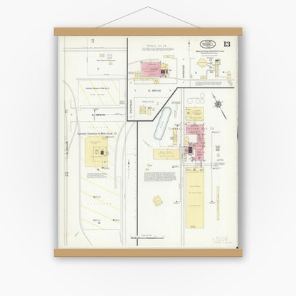 Old map wall art mockup — magnetic wood frame on white wall — Sanborn Fire Insurance Map from Terrell, Kaufman County, Texas (1914), Sheet #0013