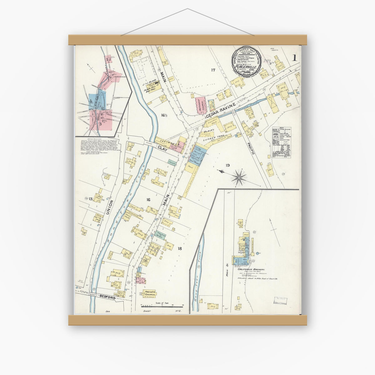 Old map wall art mockup — magnetic wood frame on white wall — Sanborn Fire Insurance Map from Placerville, El Dorado County, California (1891) - Complete Map Set