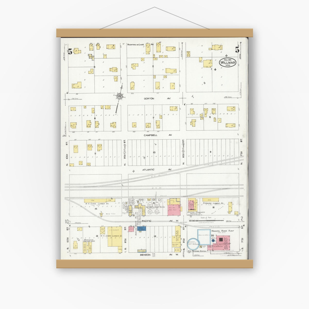 Old map wall art mockup — magnetic wood frame on white wall — Sanborn Fire Insurance Map from Willmar, Kandiyohi County, Minnesota (1925), Sheet #0005