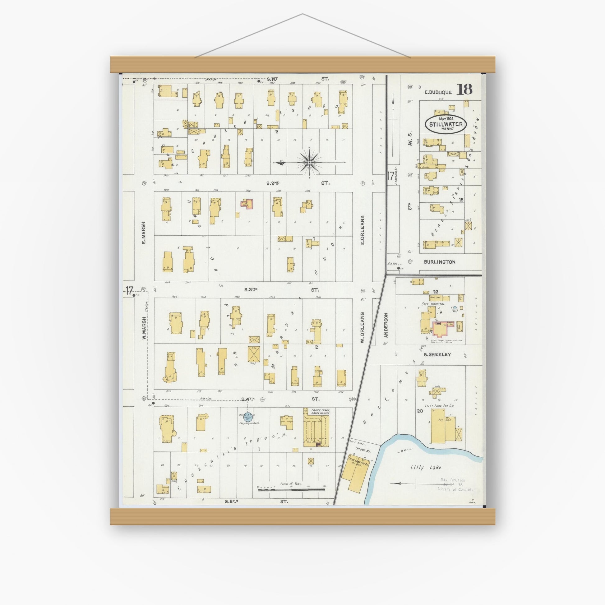 Old map wall art mockup — magnetic wood frame on white wall — Sanborn Fire Insurance Map from Stillwater, Washington County, Minnesota (1904), Sheet #0018