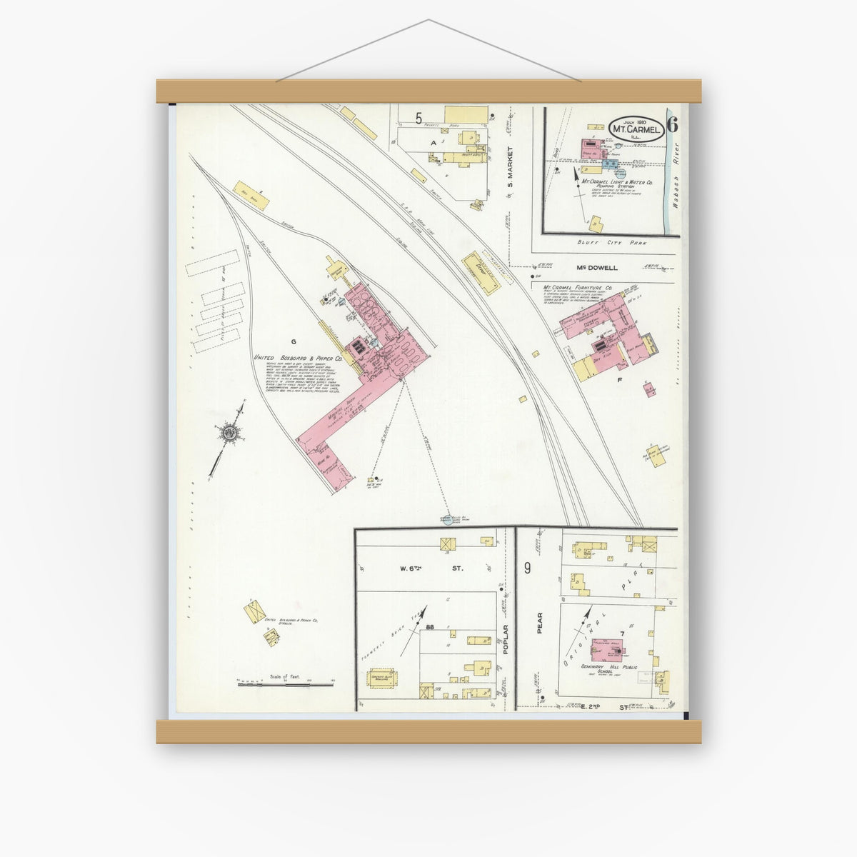 Old map wall art mockup — magnetic wood frame on white wall — Sanborn Fire Insurance Map from Mount Carmel, Wabash County, Illinois (1910), Sheet #0006