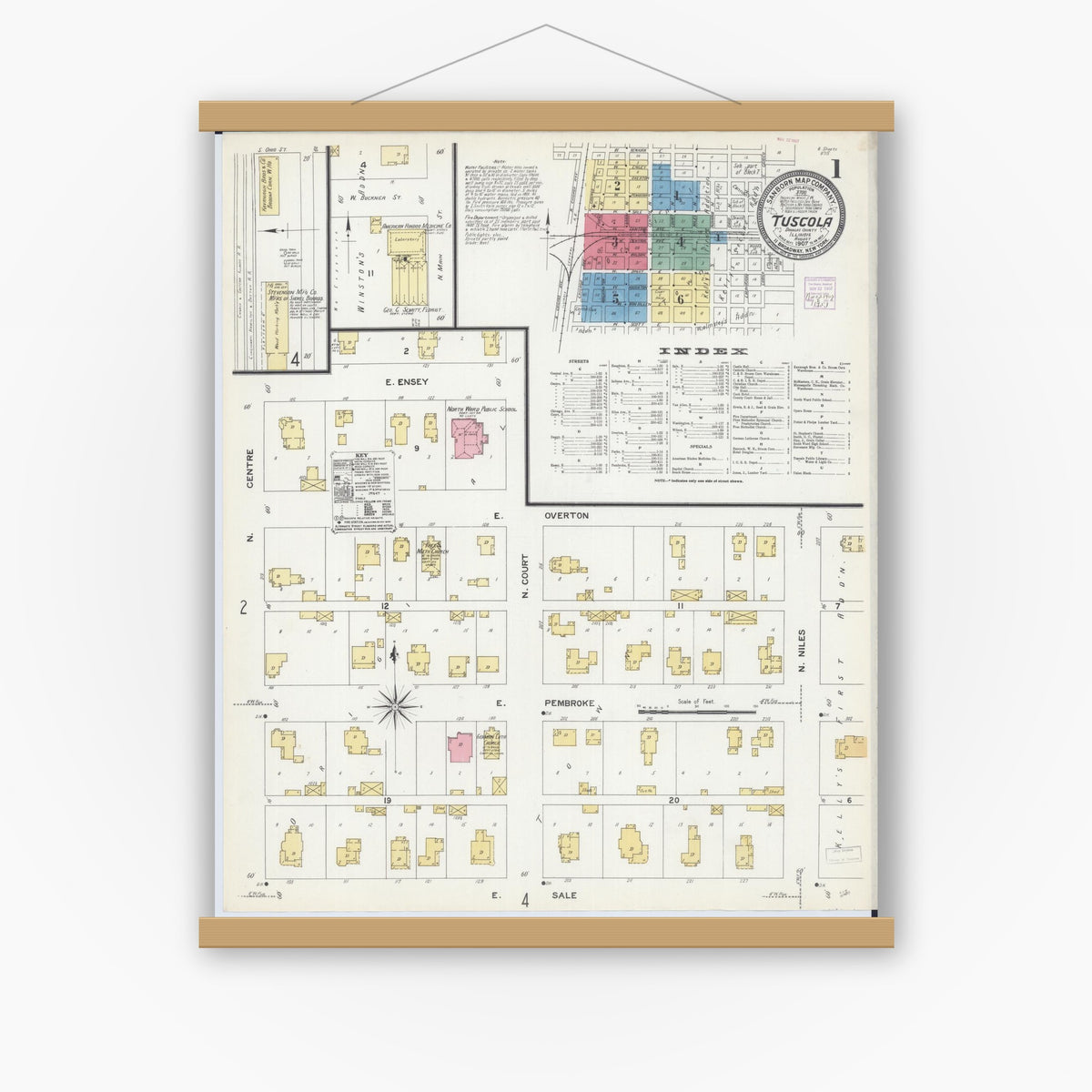 Old map wall art mockup — magnetic wood frame on white wall — Sanborn Fire Insurance Map from Tuscola, Douglas County, Illinois (1907), Sheet #0001