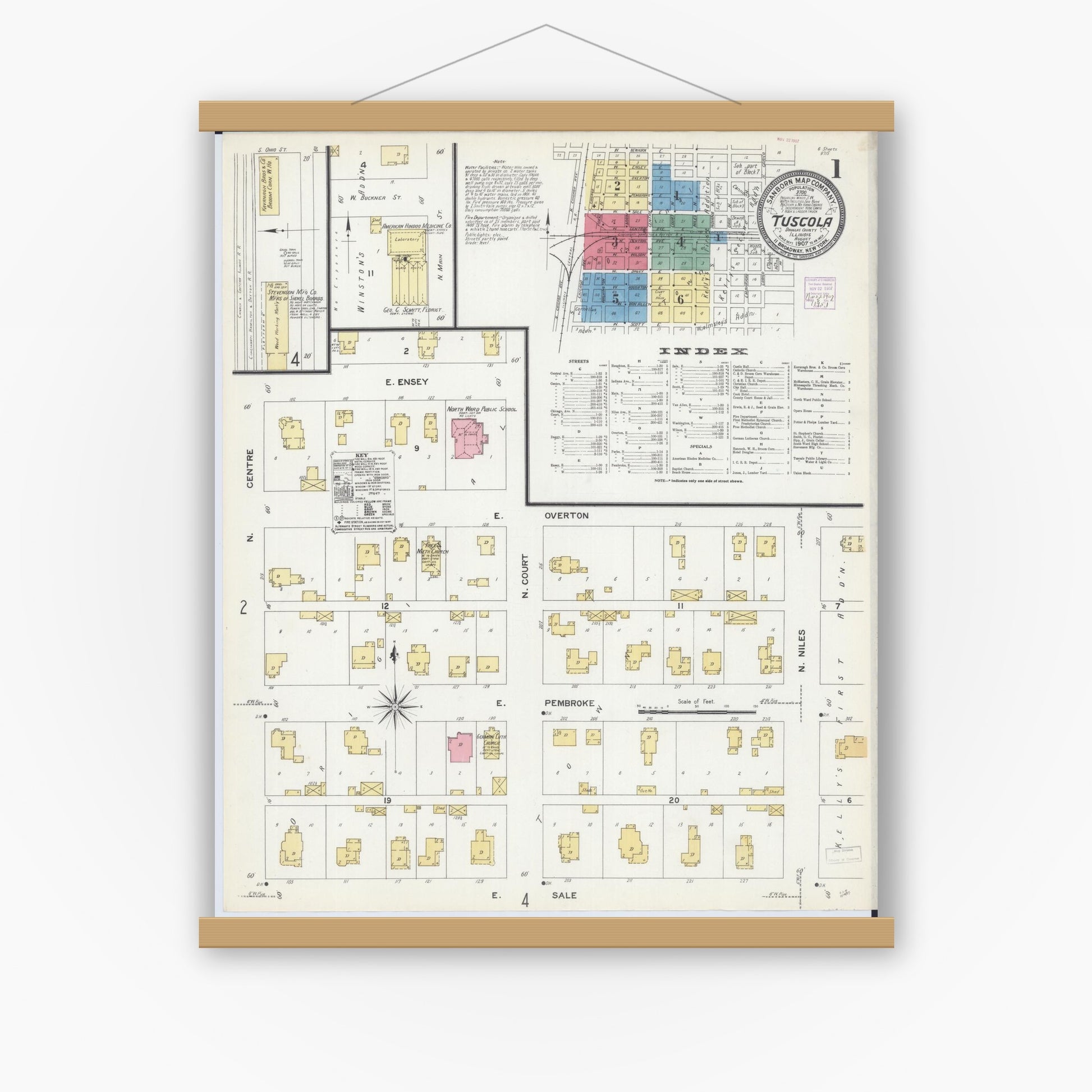 Old map wall art mockup — magnetic wood frame on white wall — Sanborn Fire Insurance Map from Tuscola, Douglas County, Illinois (1907), Sheet #0001