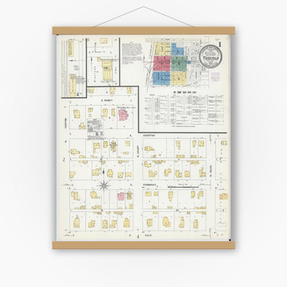 Old map wall art mockup — magnetic wood frame on white wall — Sanborn Fire Insurance Map from Tuscola, Douglas County, Illinois (1907), Sheet #0001