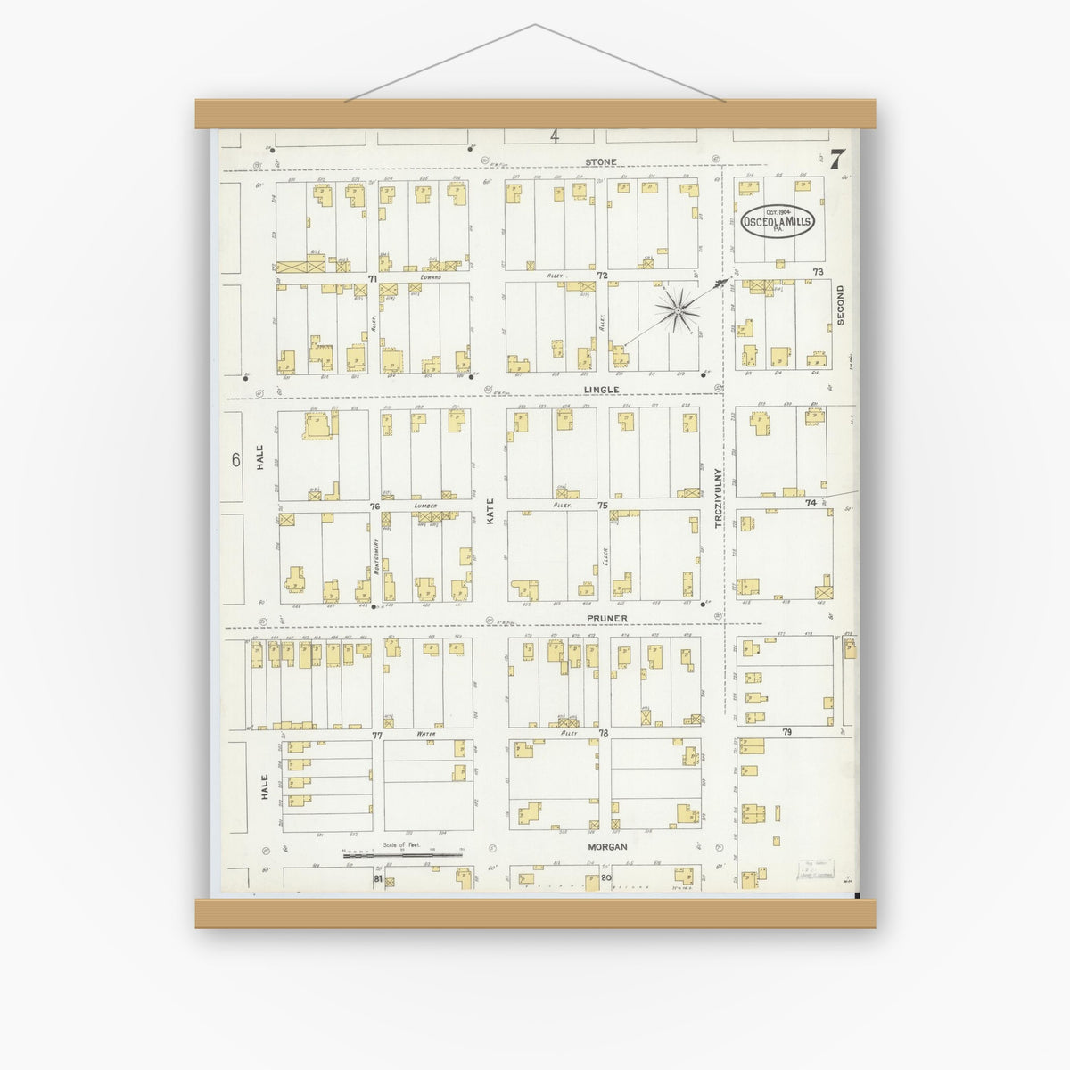 Old map wall art mockup — magnetic wood frame on white wall — Sanborn Fire Insurance Map from Osceola Mills, Clearfield County, Pennsylvania (1904), Sheet #0007