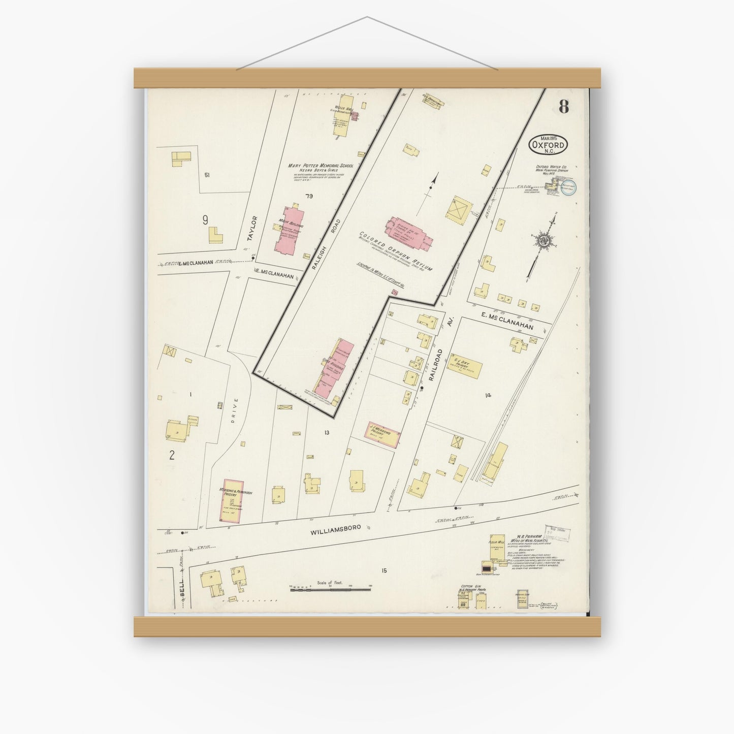 Old map wall art mockup — magnetic wood frame on white wall — Sanborn Fire Insurance Map from Oxford, Granville County, North Carolina (1915), Sheet #0008
