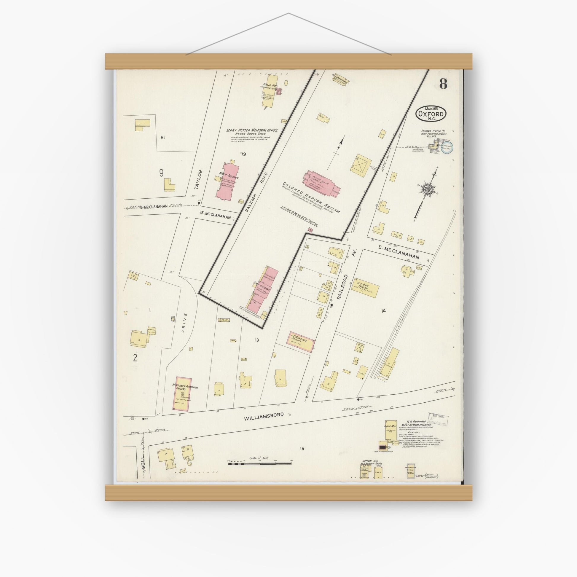 Old map wall art mockup — magnetic wood frame on white wall — Sanborn Fire Insurance Map from Oxford, Granville County, North Carolina (1915), Sheet #0008