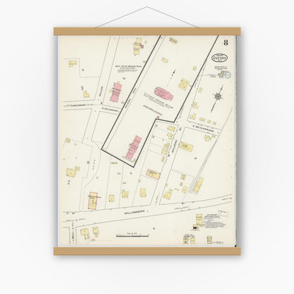 Old map wall art mockup — magnetic wood frame on white wall — Sanborn Fire Insurance Map from Oxford, Granville County, North Carolina (1915), Sheet #0008