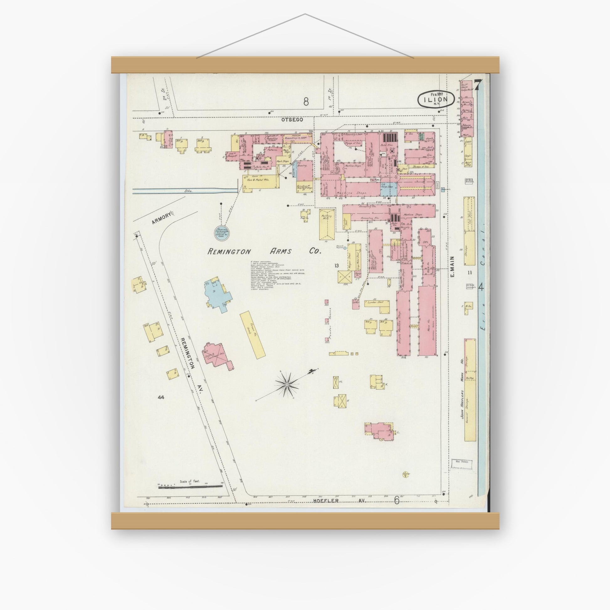 Old map wall art mockup — magnetic wood frame on white wall — Sanborn Fire Insurance Map from Ilion, Herkimer County, New York (1897), Sheet #0007