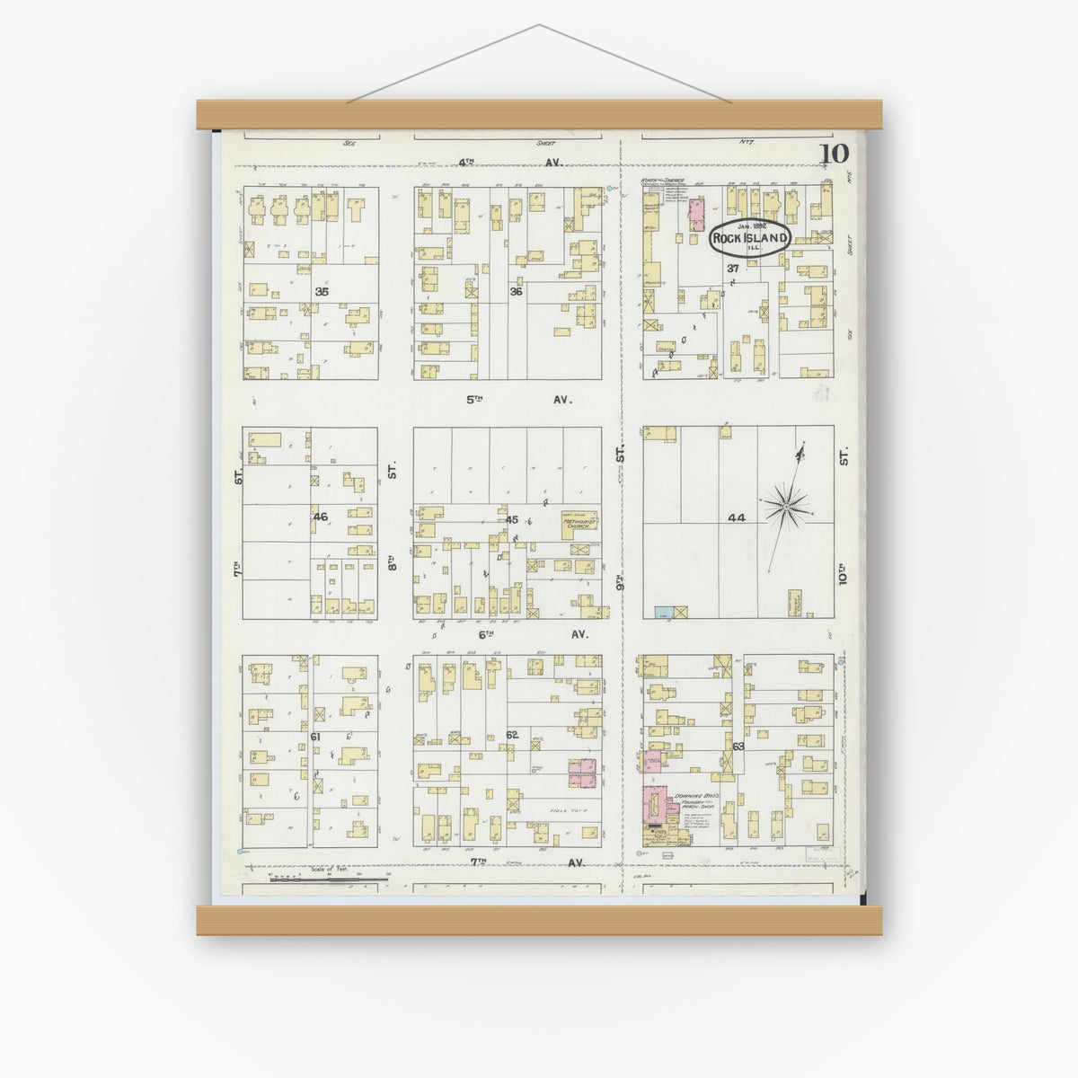 Old map wall art mockup — magnetic wood frame on white wall — Sanborn Fire Insurance Map from Rock Island, Rock Island County, Illinois (1892), Sheet #0010