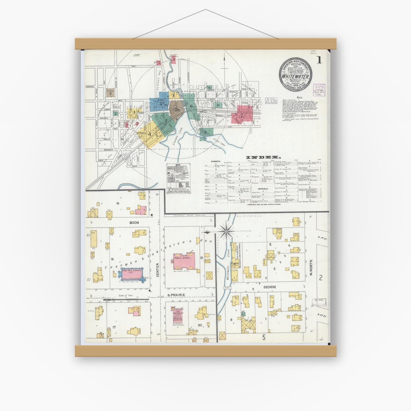 Old map wall art mockup — magnetic wood frame on white wall — Sanborn Fire Insurance Map from Whitewater, Walworth County, Wisconsin (1904), Sheet #0001