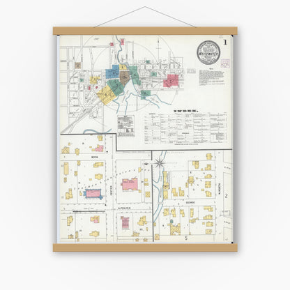 Old map wall art mockup — magnetic wood frame on white wall — Sanborn Fire Insurance Map from Whitewater, Walworth County, Wisconsin (1904), Sheet #0001