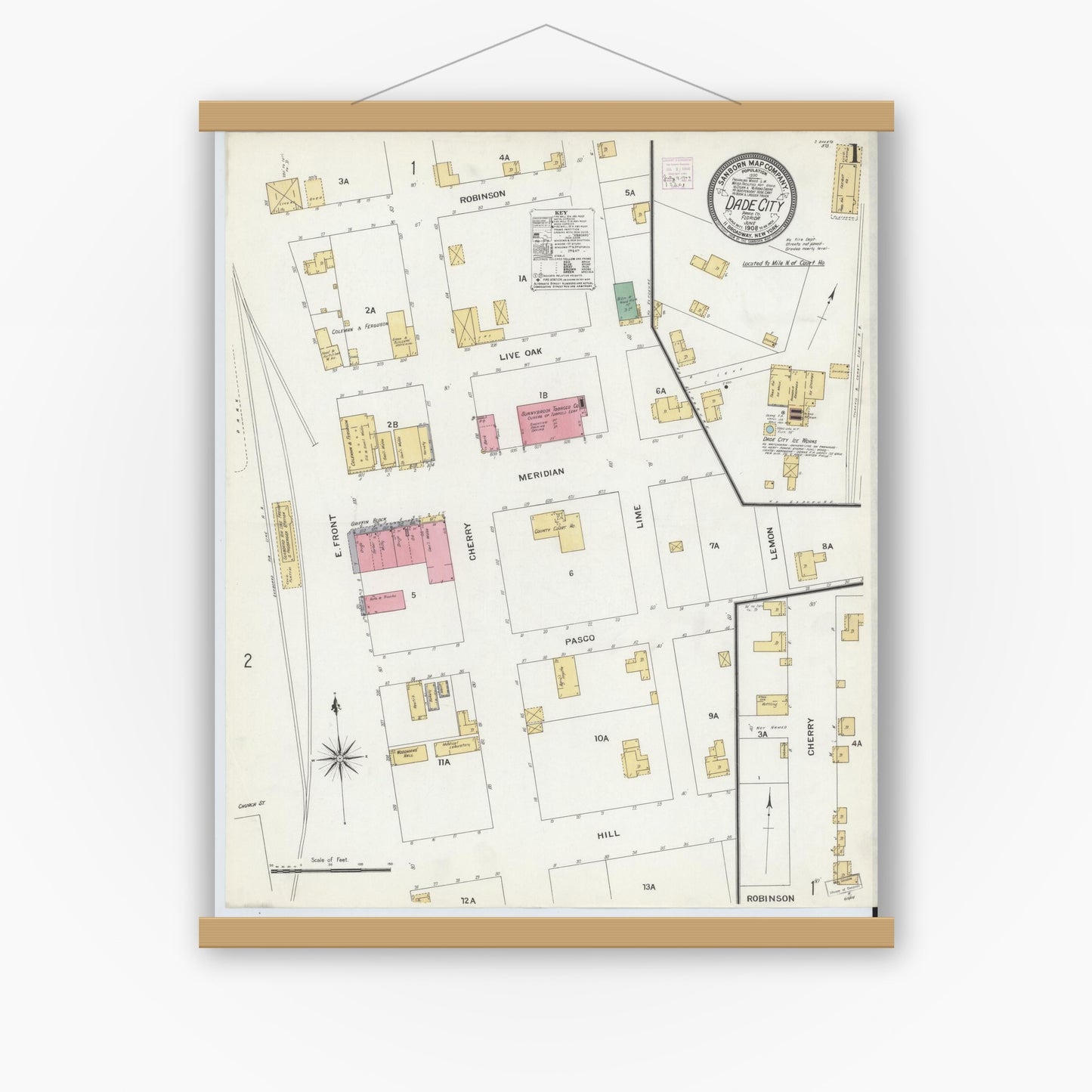 Old map wall art mockup — magnetic wood frame on white wall — Sanborn Fire Insurance Map from Dade City, Pasco County, Florida (1908) - Complete Map Set
