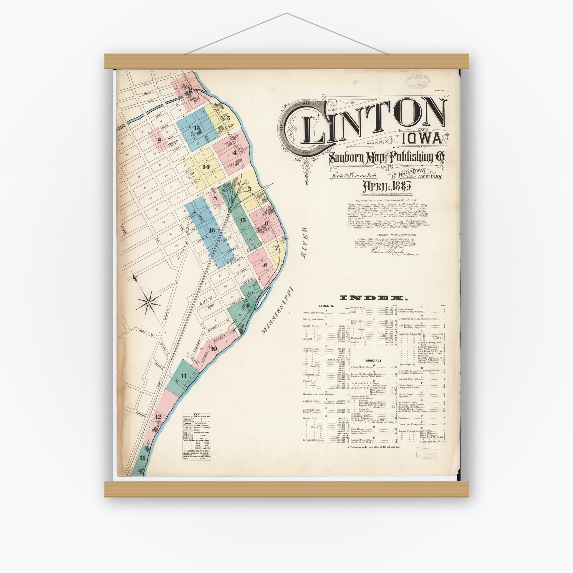 Old map wall art mockup — magnetic wood frame on white wall — Sanborn Fire Insurance Map from Clinton, Clinton County, Iowa (1885), Sheet #0001