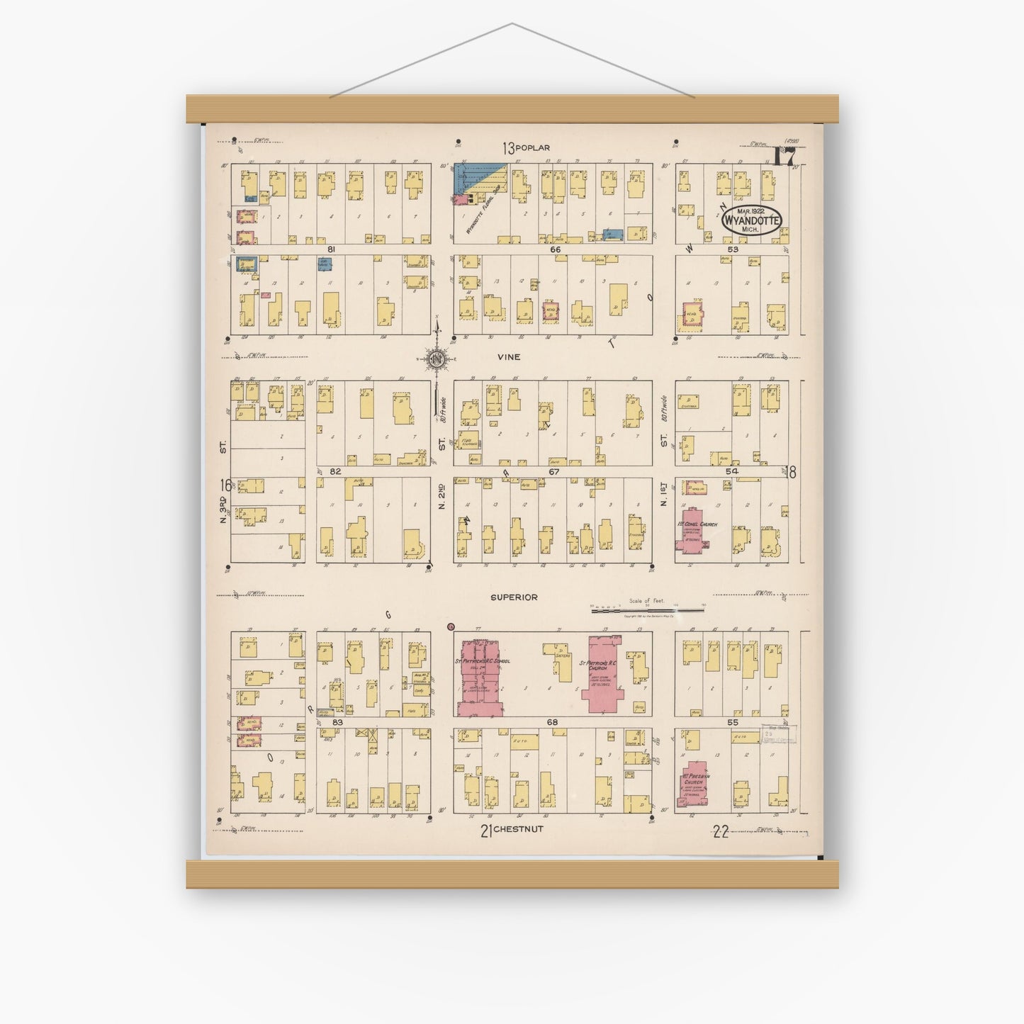 Old map wall art mockup — magnetic wood frame on white wall — Sanborn Fire Insurance Map from Wyandotte, Wayne County, Michigan (1922), Sheet #0017
