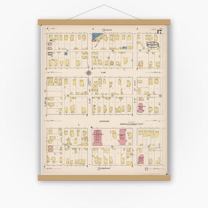 Old map wall art mockup — magnetic wood frame on white wall — Sanborn Fire Insurance Map from Wyandotte, Wayne County, Michigan (1922), Sheet #0017