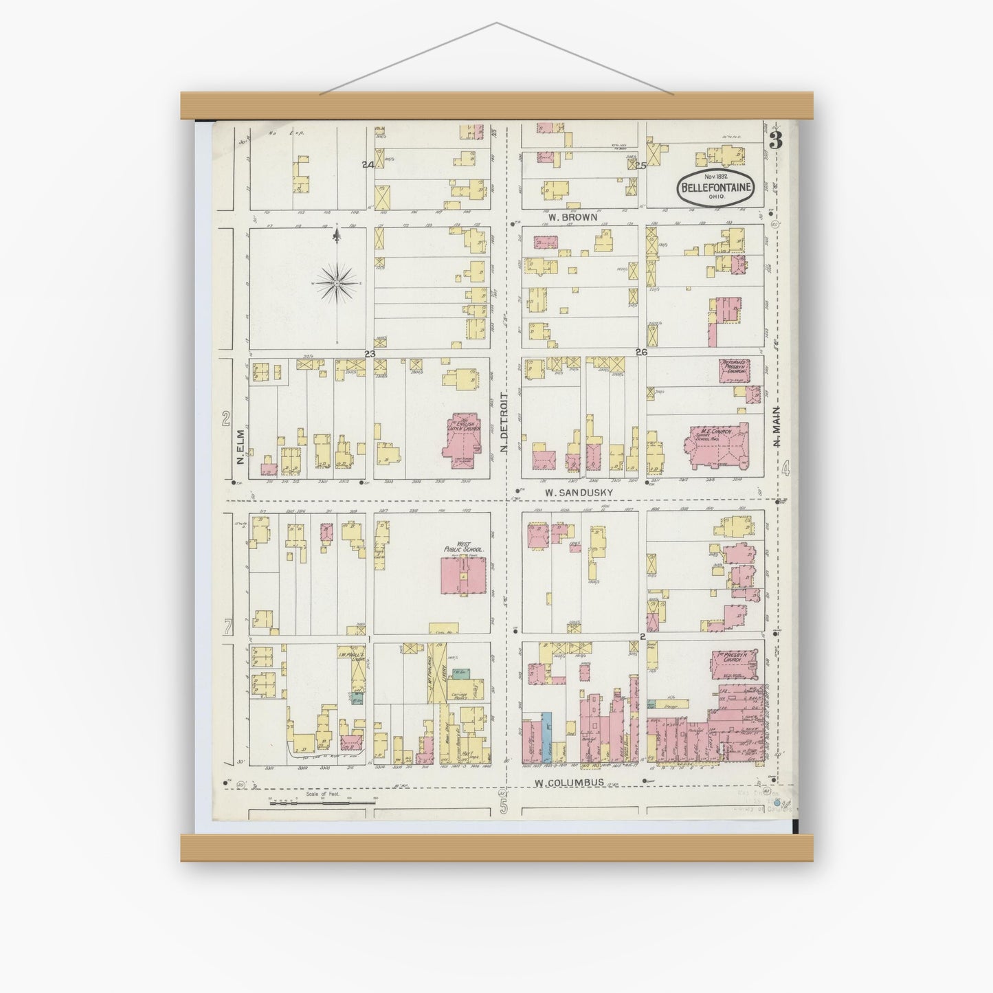 Old map wall art mockup — magnetic wood frame on white wall — Sanborn Fire Insurance Map from Bellefontaine, Logan County, Ohio (1892), Sheet #0003