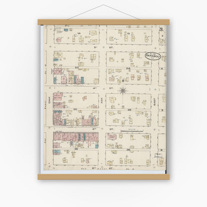 Old map wall art mockup — magnetic wood frame on white wall — Sanborn Fire Insurance Map from Baraboo, Sauk County, Wisconsin (1885), Sheet #0003
