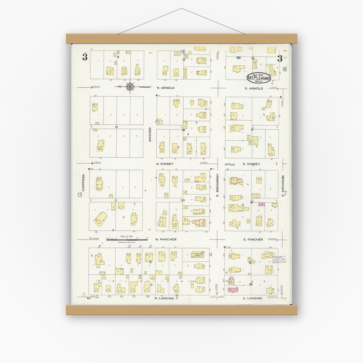 Old map wall art mockup — magnetic wood frame on white wall — Sanborn Fire Insurance Map from Mount Pleasant, Isabella County, Michigan (1924), Sheet #0003