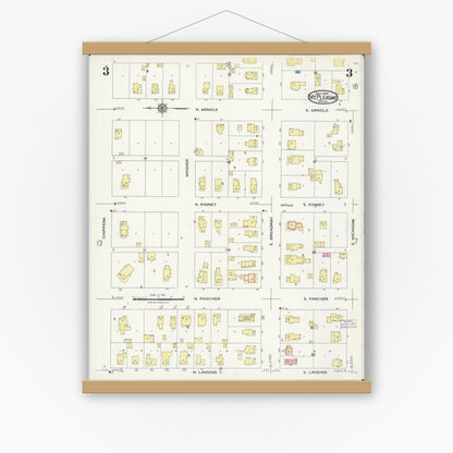 Old map wall art mockup — magnetic wood frame on white wall — Sanborn Fire Insurance Map from Mount Pleasant, Isabella County, Michigan (1924), Sheet #0003
