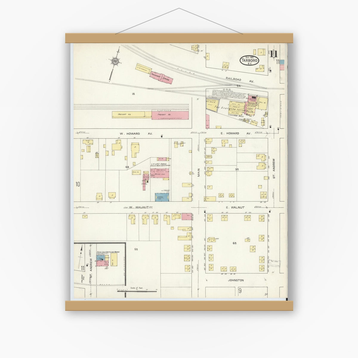 Old map wall art mockup — magnetic wood frame on white wall — Sanborn Fire Insurance Map from Tarboro, Edgecombe County, North Carolina (1913), Sheet #0011