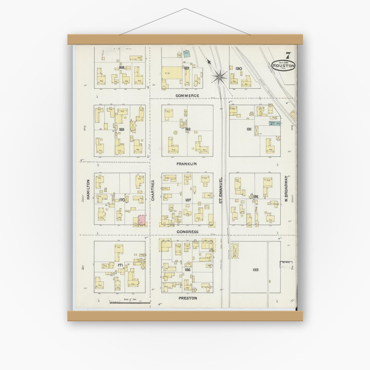 Old map wall art mockup — magnetic wood frame on white wall — Sanborn Fire Insurance Map from Houston, Harris County, Texas (1890), Sheet #0007