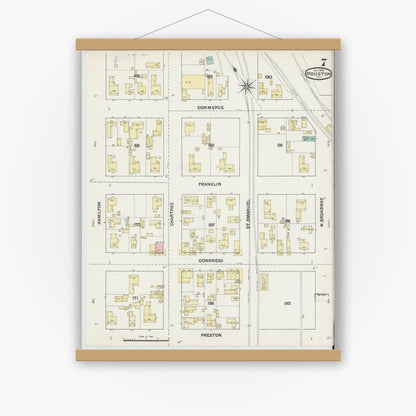 Old map wall art mockup — magnetic wood frame on white wall — Sanborn Fire Insurance Map from Houston, Harris County, Texas (1890), Sheet #0007