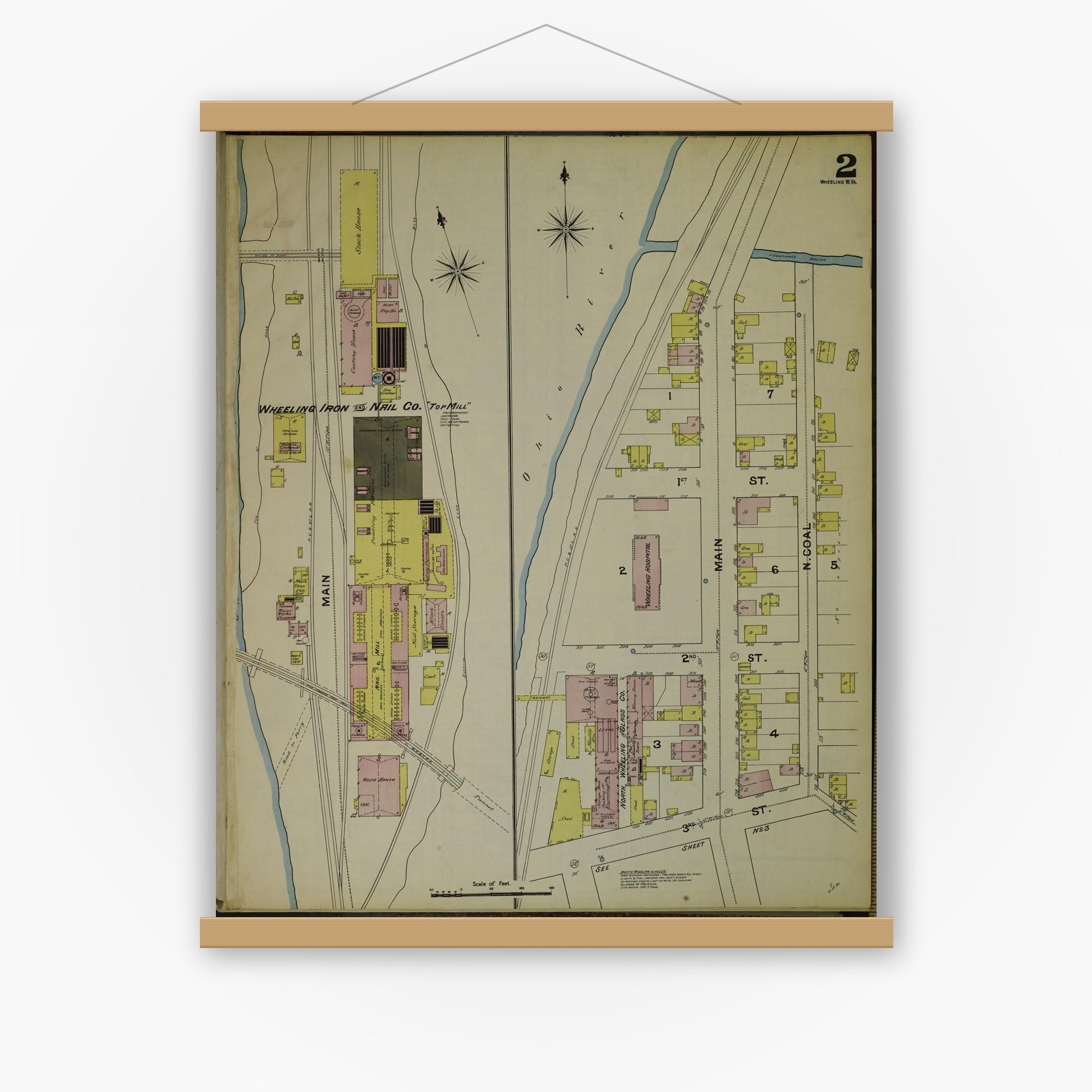 Old map wall art mockup — magnetic wood frame on white wall — Sanborn Fire Insurance Map from Wheeling, Ohio County, West Virginia (1890) - Complete Map Set