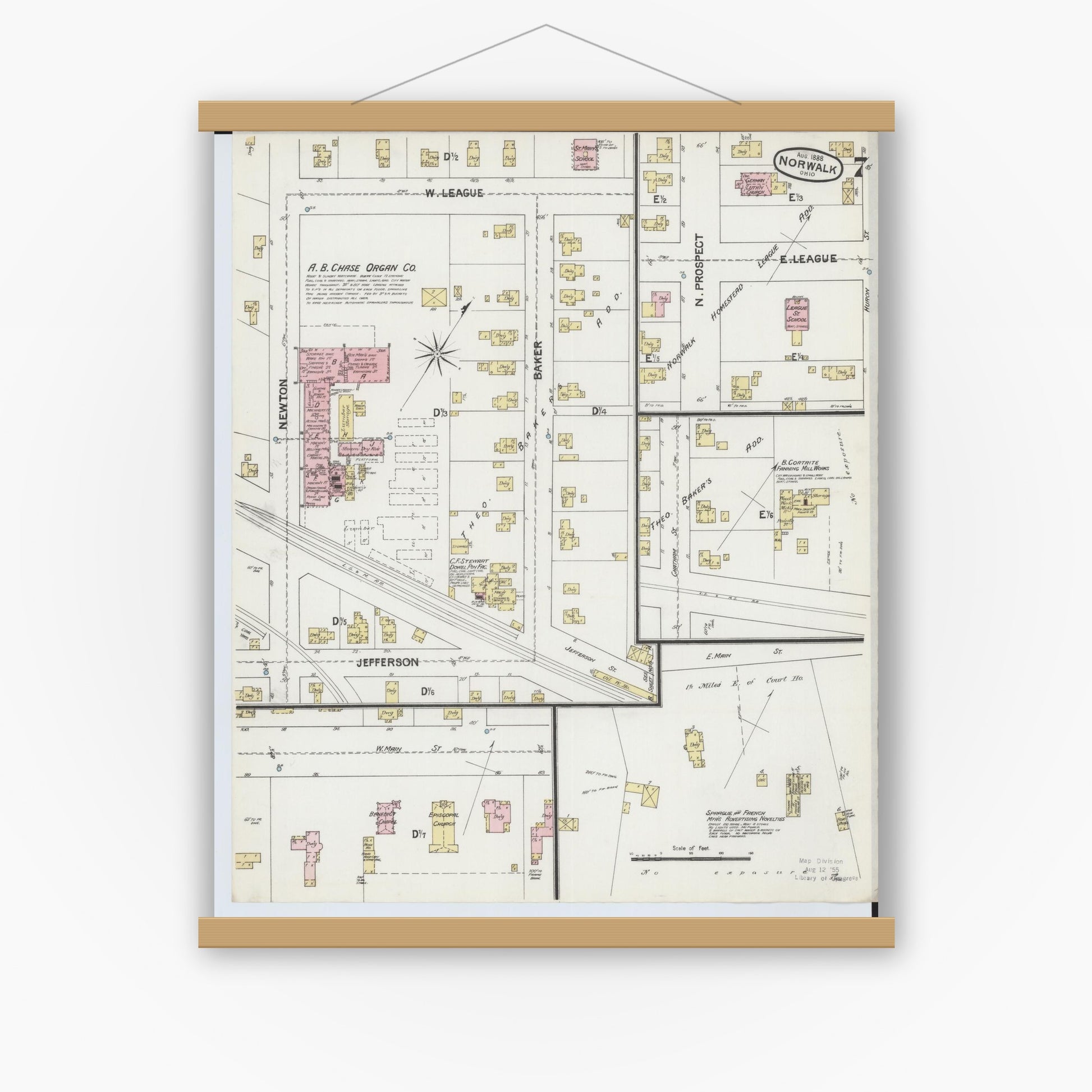 Old map wall art mockup — magnetic wood frame on white wall — Sanborn Fire Insurance Map from Norwalk, Huron County, Ohio (1888), Sheet #0007