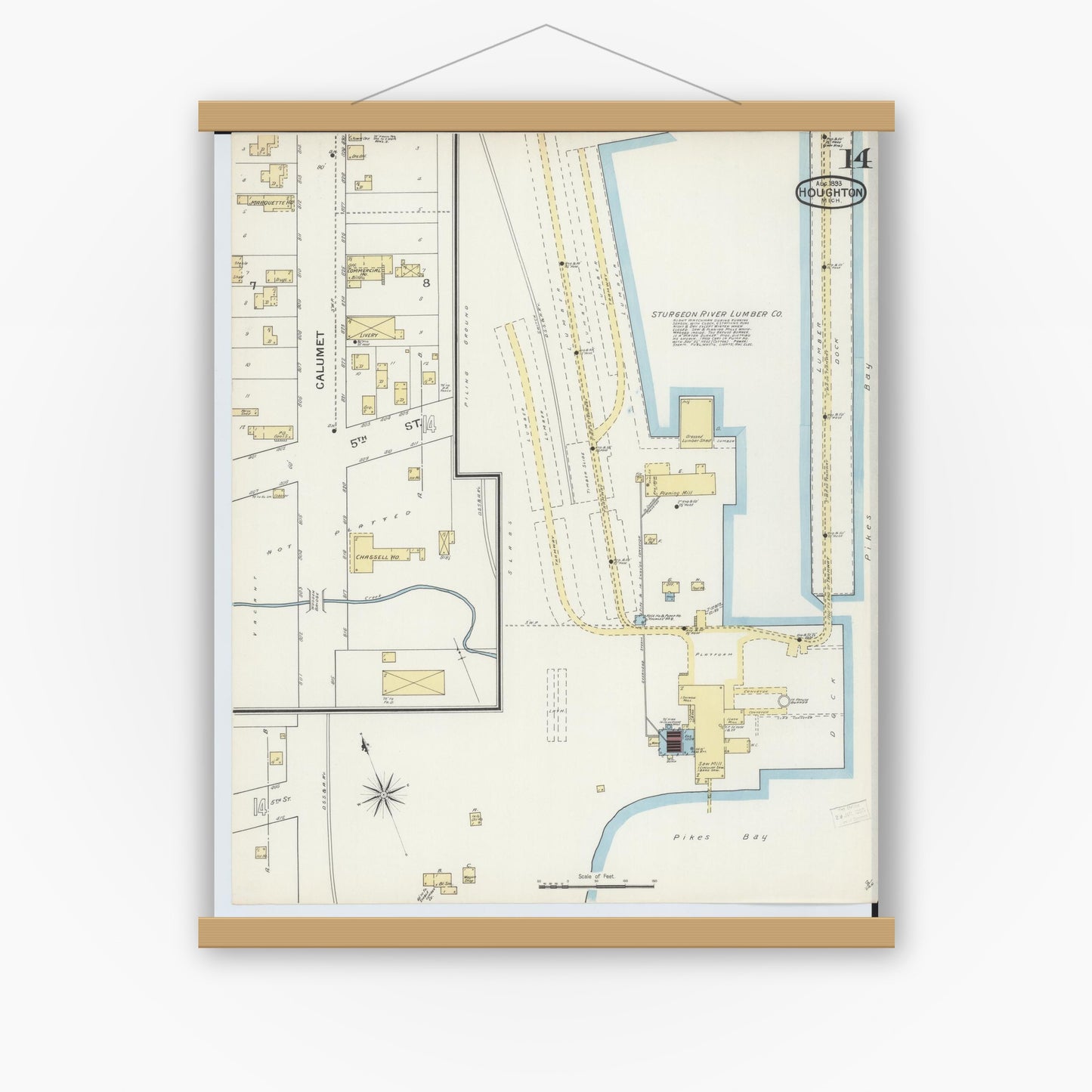 Old map wall art mockup — magnetic wood frame on white wall — Sanborn Fire Insurance Map from Houghton, Houghton County, Michigan (1893), Sheet #0014