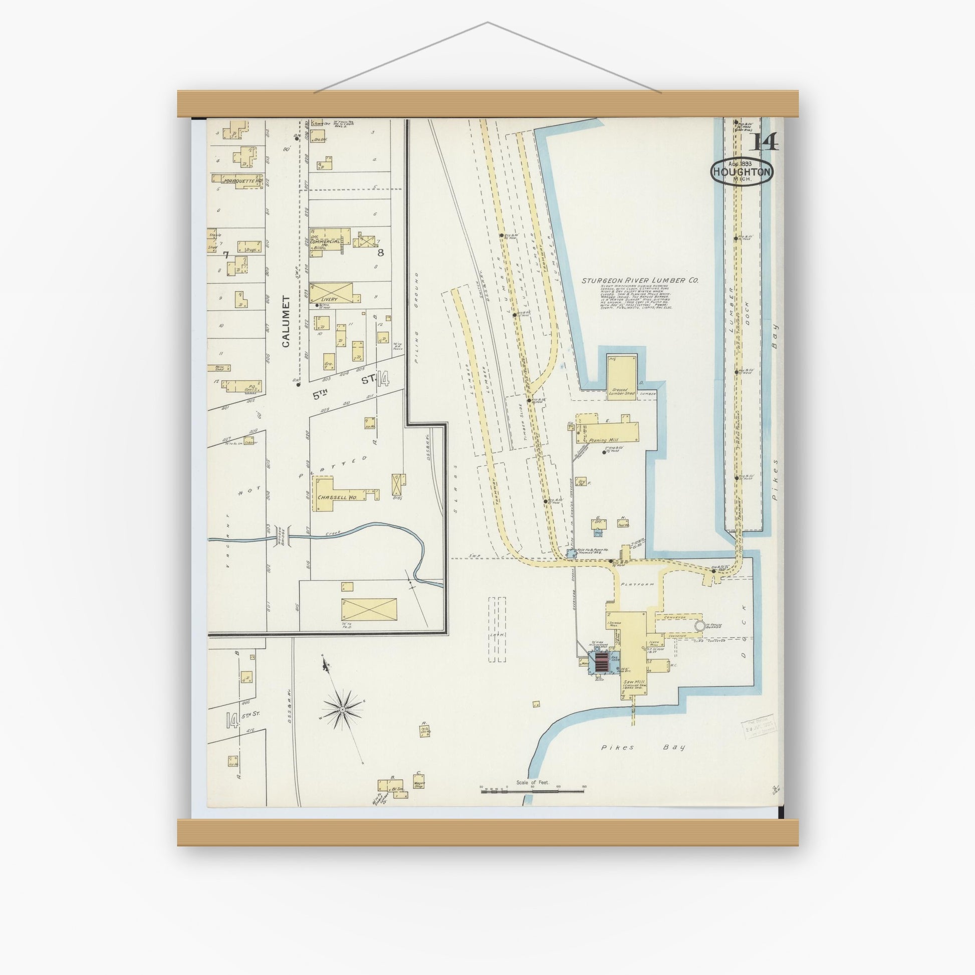 Old map wall art mockup — magnetic wood frame on white wall — Sanborn Fire Insurance Map from Houghton, Houghton County, Michigan (1893), Sheet #0014