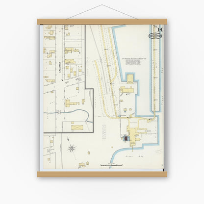 Old map wall art mockup — magnetic wood frame on white wall — Sanborn Fire Insurance Map from Houghton, Houghton County, Michigan (1893), Sheet #0014