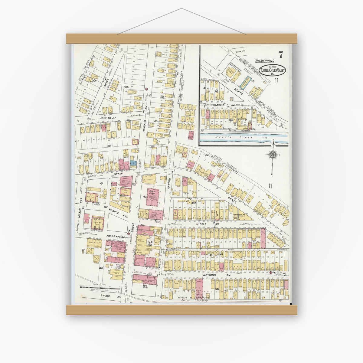 Old map wall art mockup — magnetic wood frame on white wall — Sanborn Fire Insurance Map from Turtle Creek Valley, Allegheny County, Pennsylvania (1919), Sheet #0007