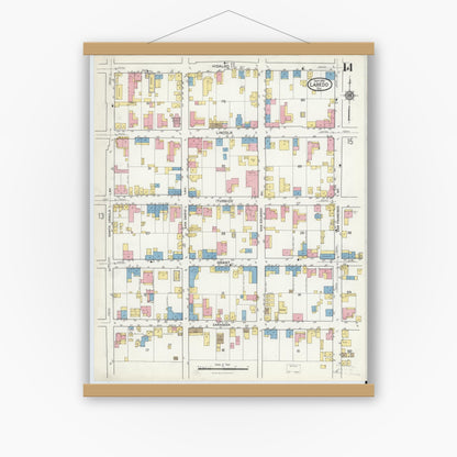 Old map wall art mockup — magnetic wood frame on white wall — Sanborn Fire Insurance Map from Laredo, Webb County, Texas (1916), Sheet #0014