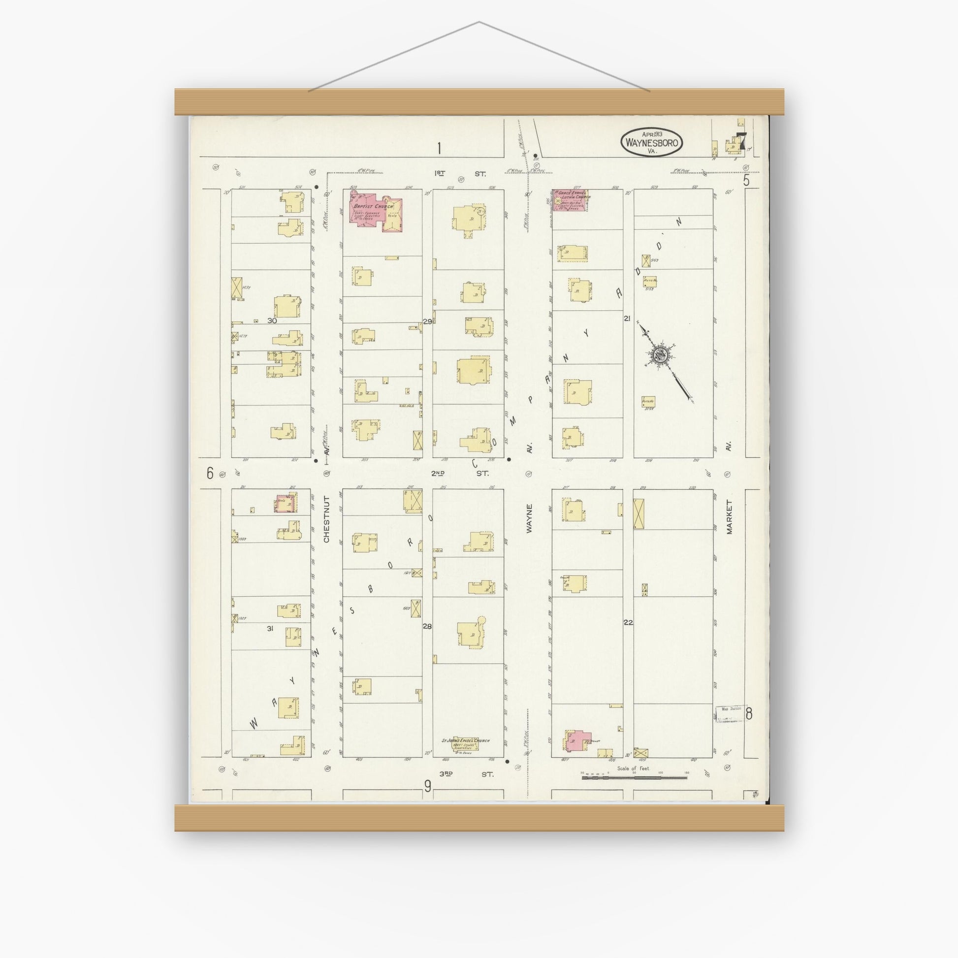 Old map wall art mockup — magnetic wood frame on white wall — Sanborn Fire Insurance Map from Waynesboro, Independent Cities, Virginia (1913), Sheet #0007